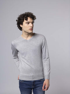 Maglia scollo a V lavorazione liscia|Colore:Grigio chiaro