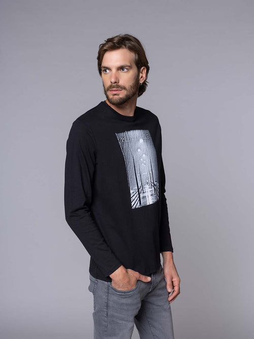 T-Shirt manica lunga stampa square|Colore:Nero