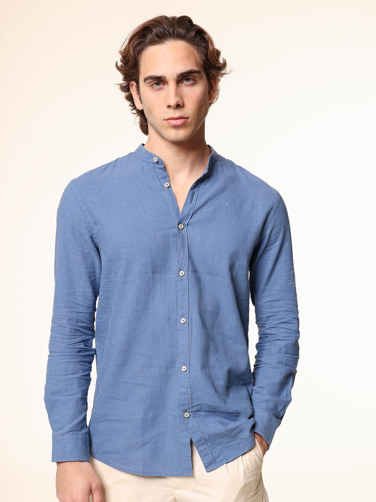 Camicia in lino collo coreana|Colore:Denim