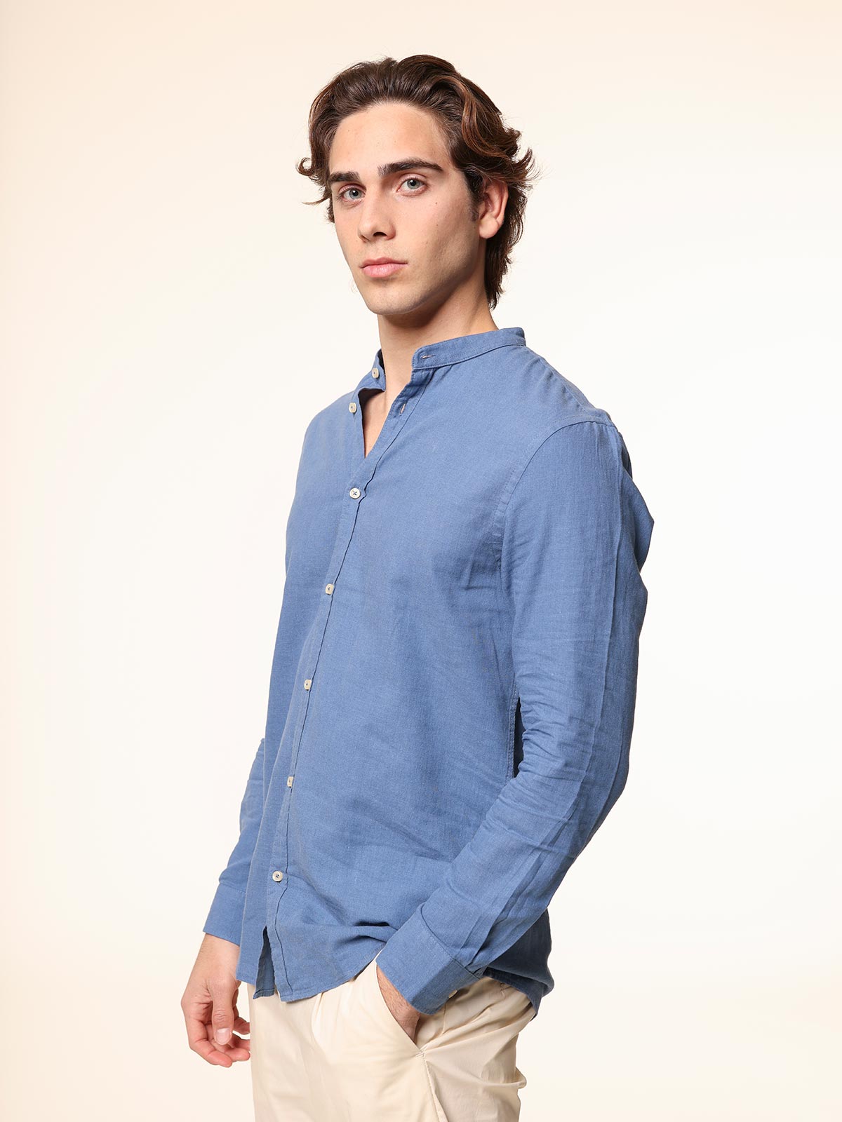 Camicia in lino collo coreana|Colore:Denim