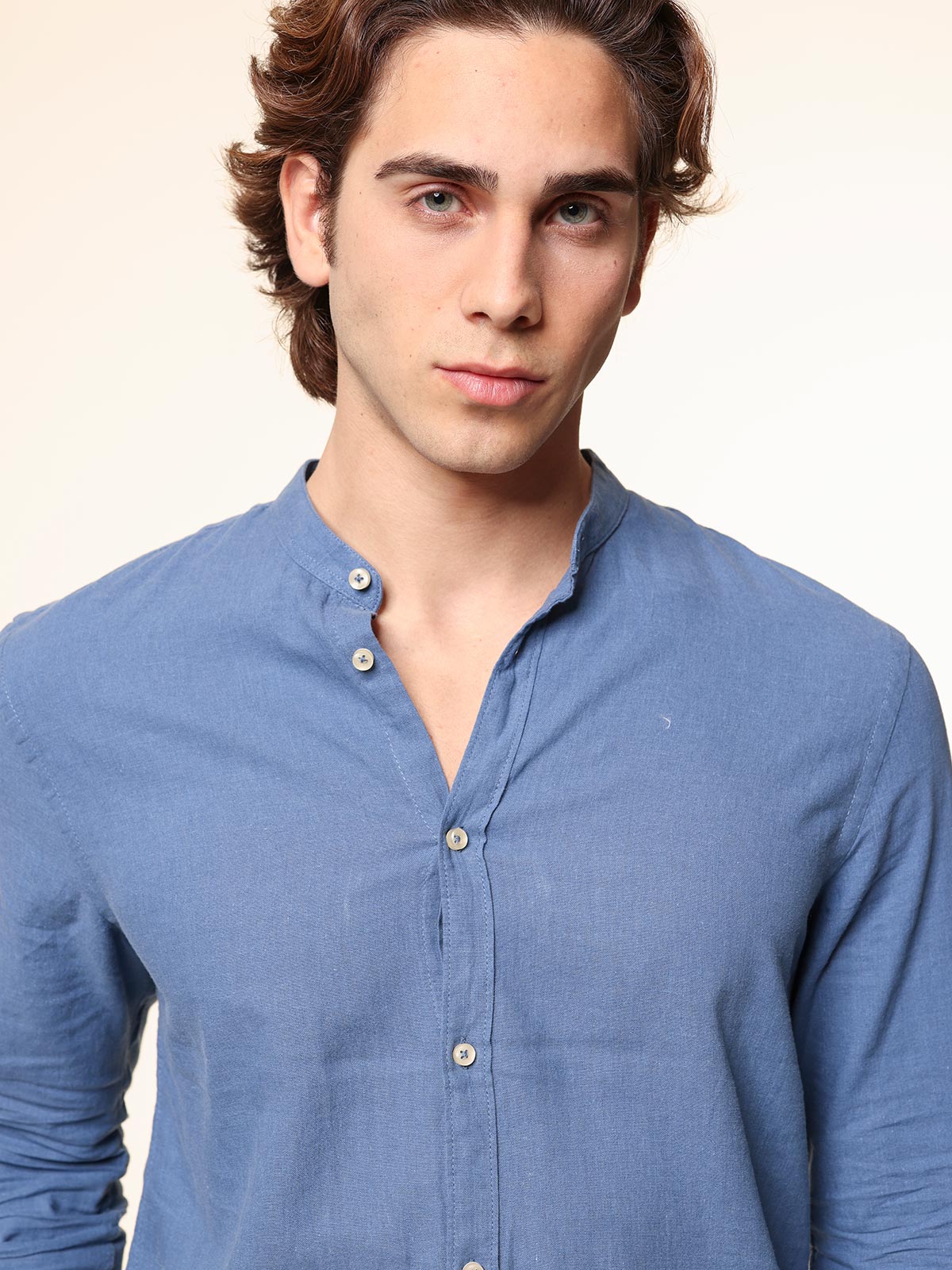 Camicia in lino collo coreana|Colore:Denim