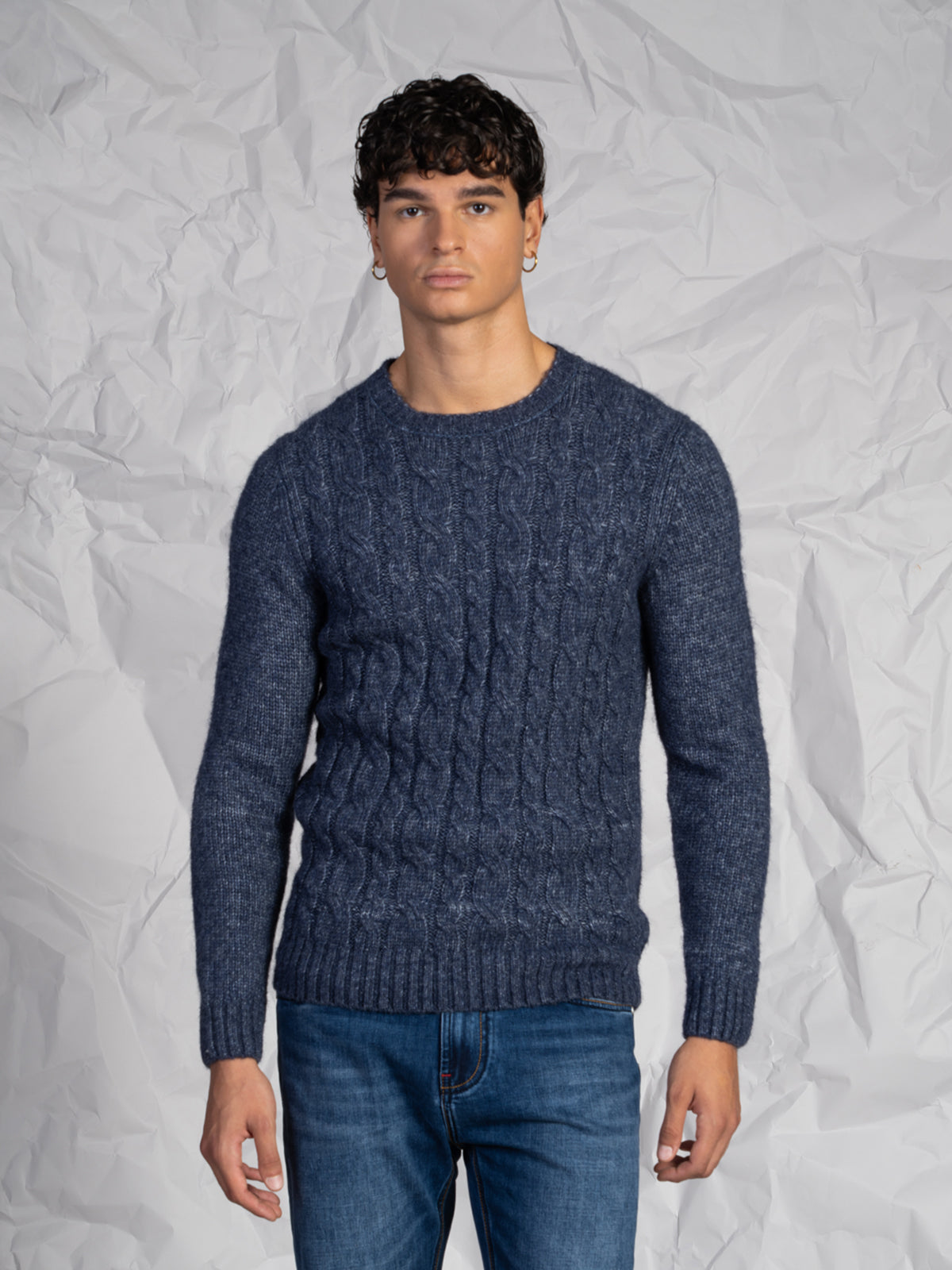 Maglia girocollo con treccia|Colore:Blu