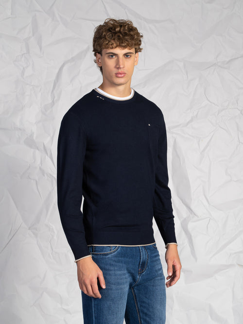 Maglia girocollo con taschino|Colore:Blu