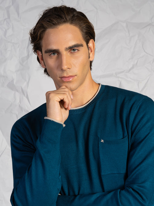 Maglia girocollo con taschino|Colore:Petrolio