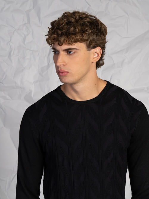 Maglia girocollo lavorazione treccia|Colore:Nero