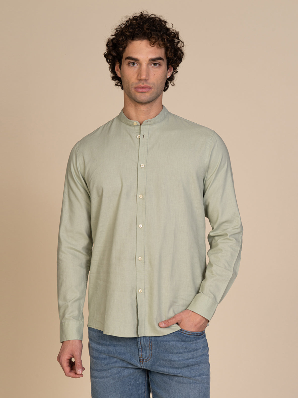 Camicia in lino collo coreana|Colore:Verde salvia