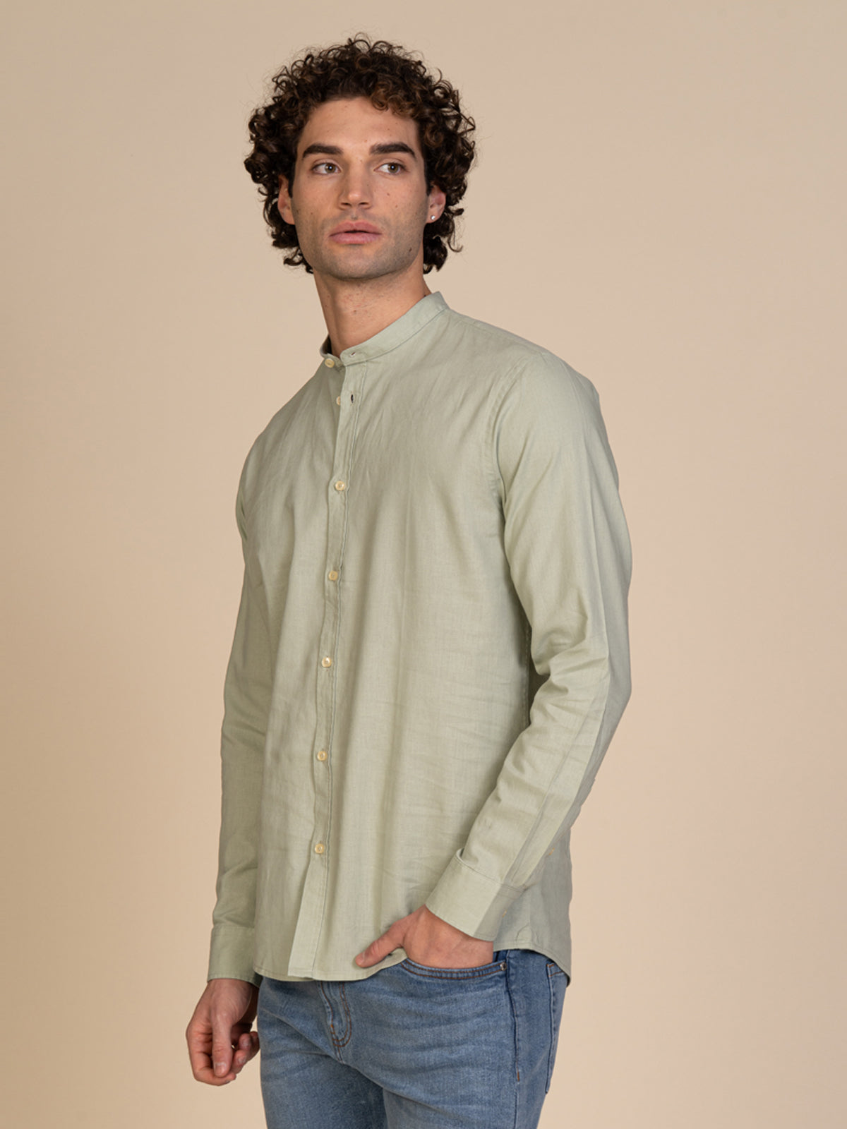 Camicia in lino collo coreana|Colore:Verde salvia