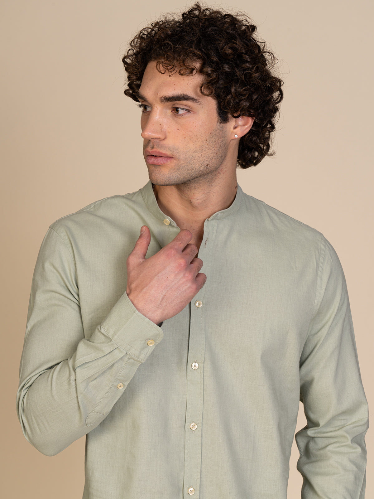 Camicia in lino collo coreana|Colore:Verde salvia