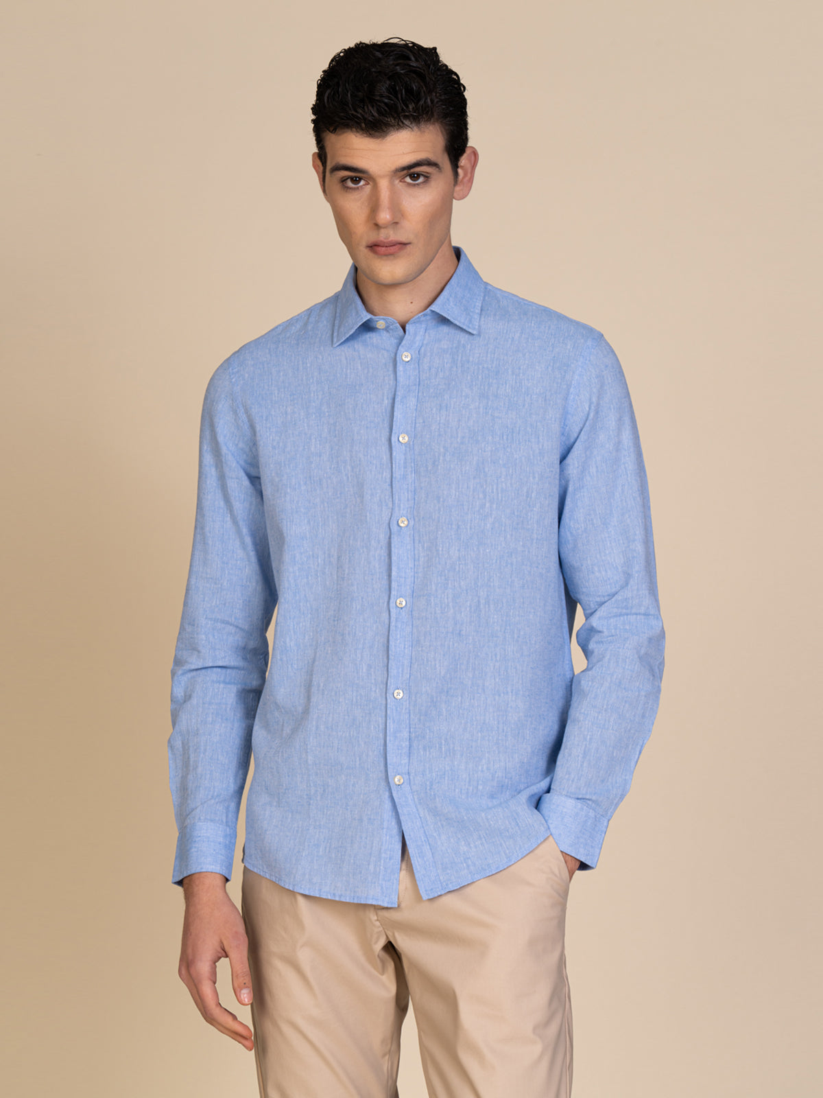 Camicia in lino collo francese|Colore:Azzurro