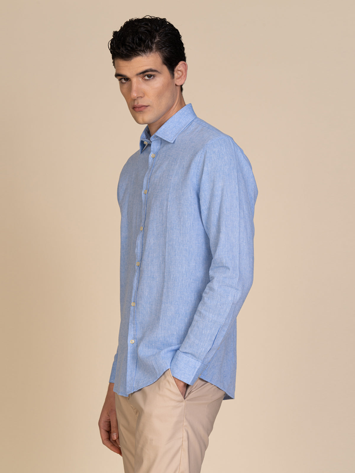 Camicia in lino collo francese|Colore:Azzurro
