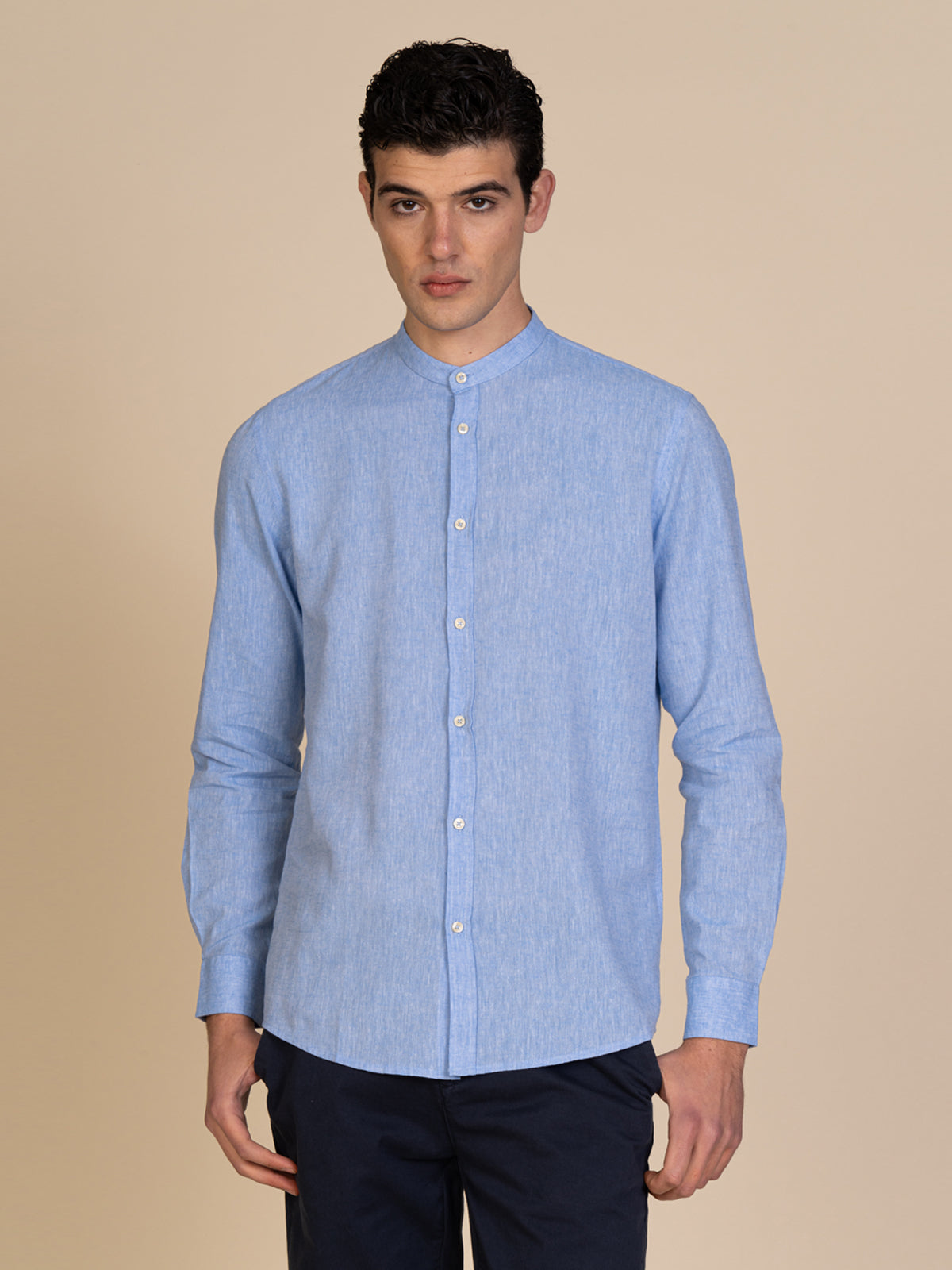 Camicia in lino collo coreana|Colore:Azzurro