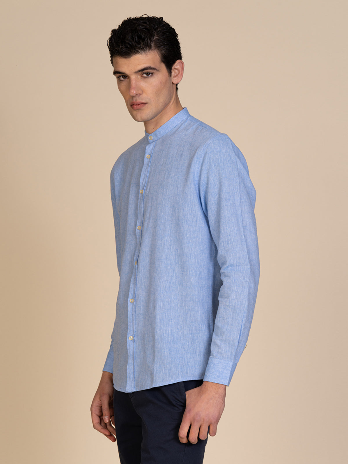 Camicia in lino collo coreana|Colore:Azzurro
