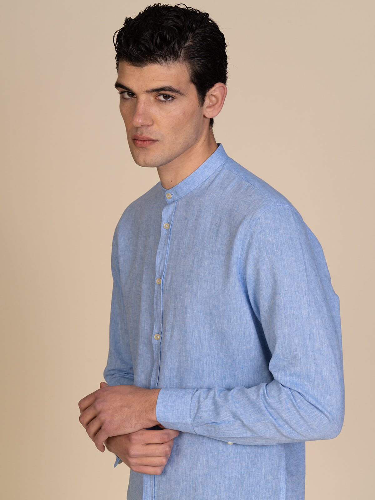 Camicia in lino collo coreana|Colore:Azzurro