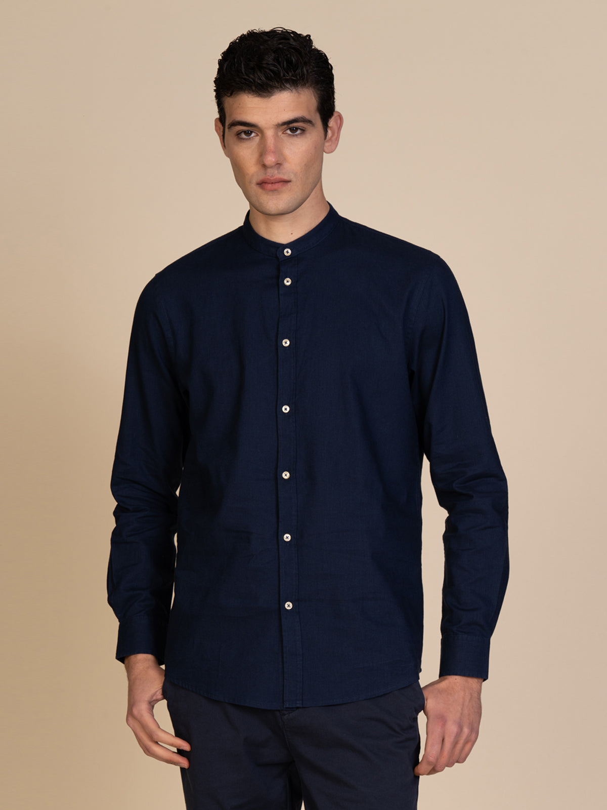 Camicia in lino collo coreana|Colore:Blu