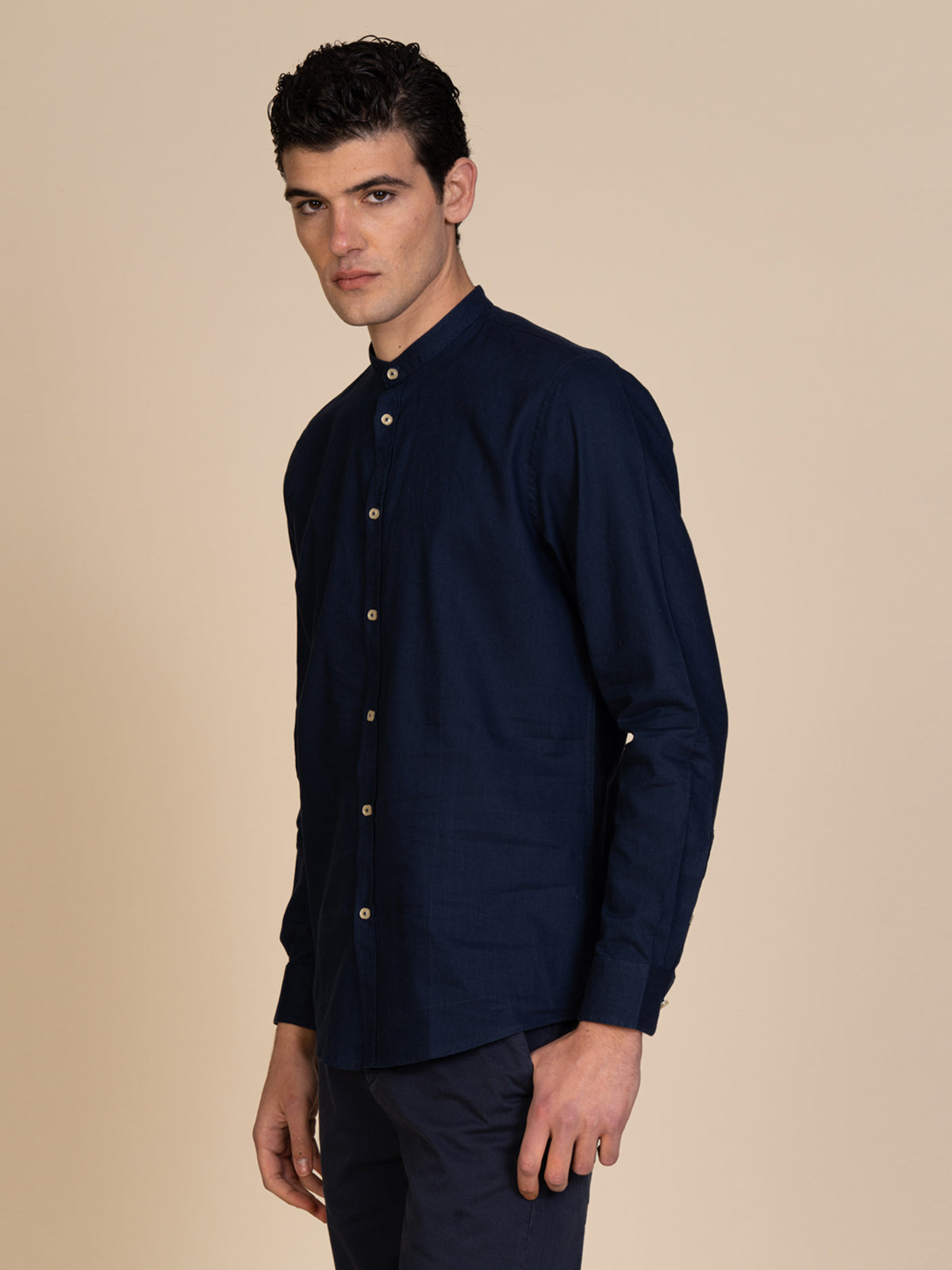Camicia in lino collo coreana|Colore:Blu