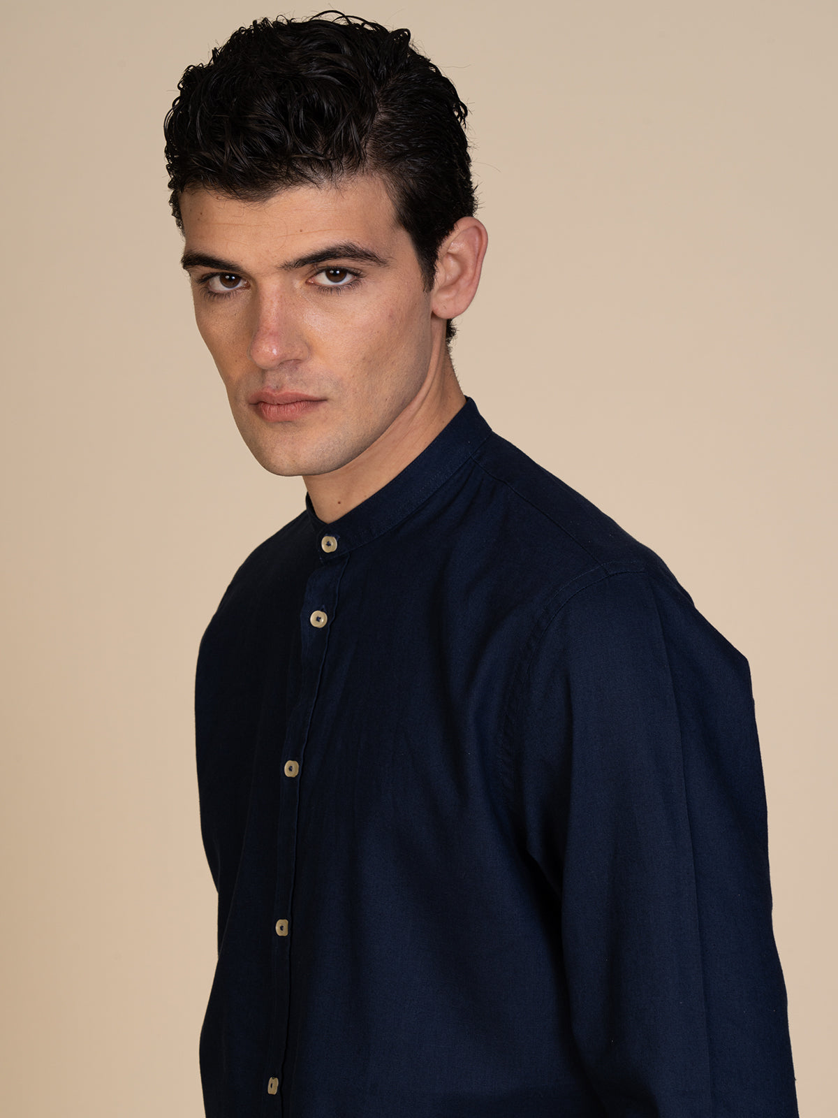 Camicia in lino collo coreana|Colore:Blu