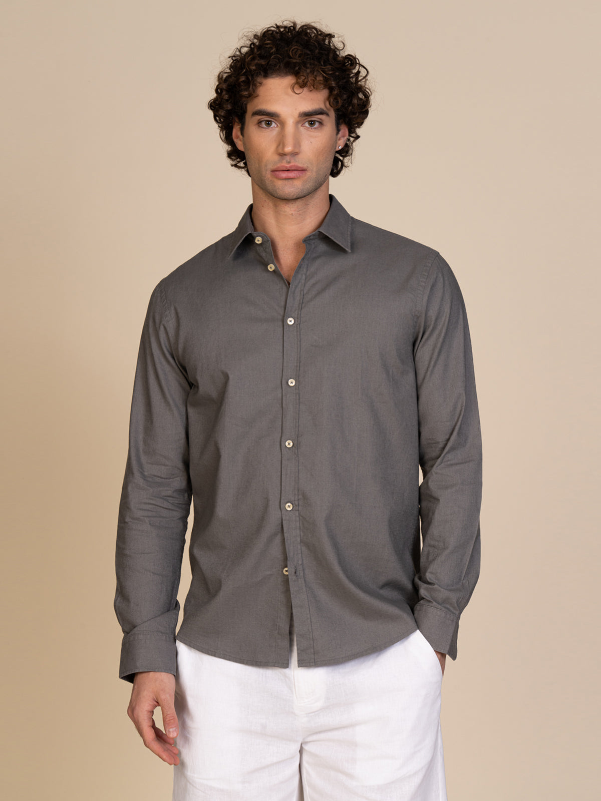 Camicia in lino collo francese|Colore:Verde