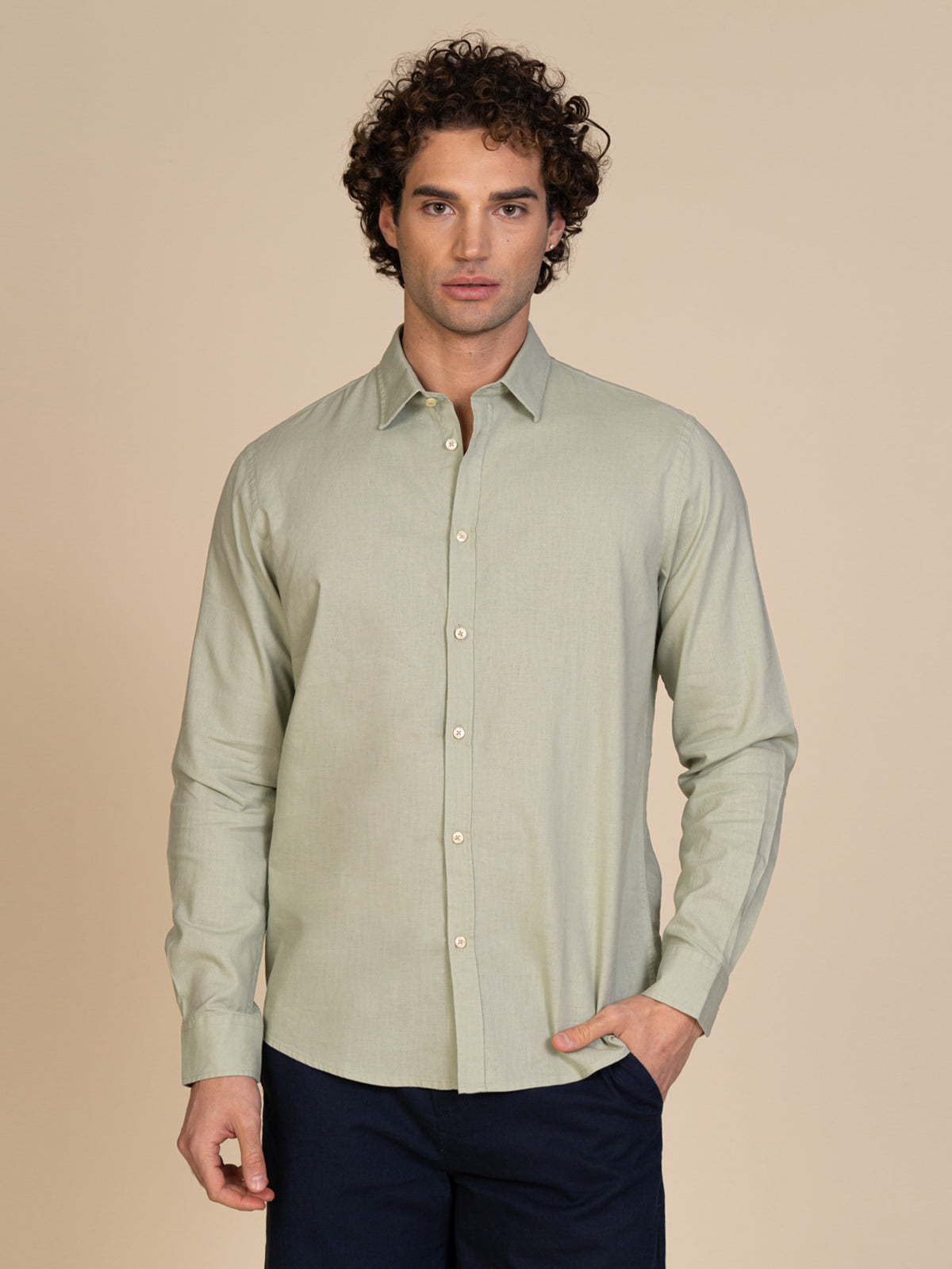 Camicia in lino collo francese|Colore:Verde salvia