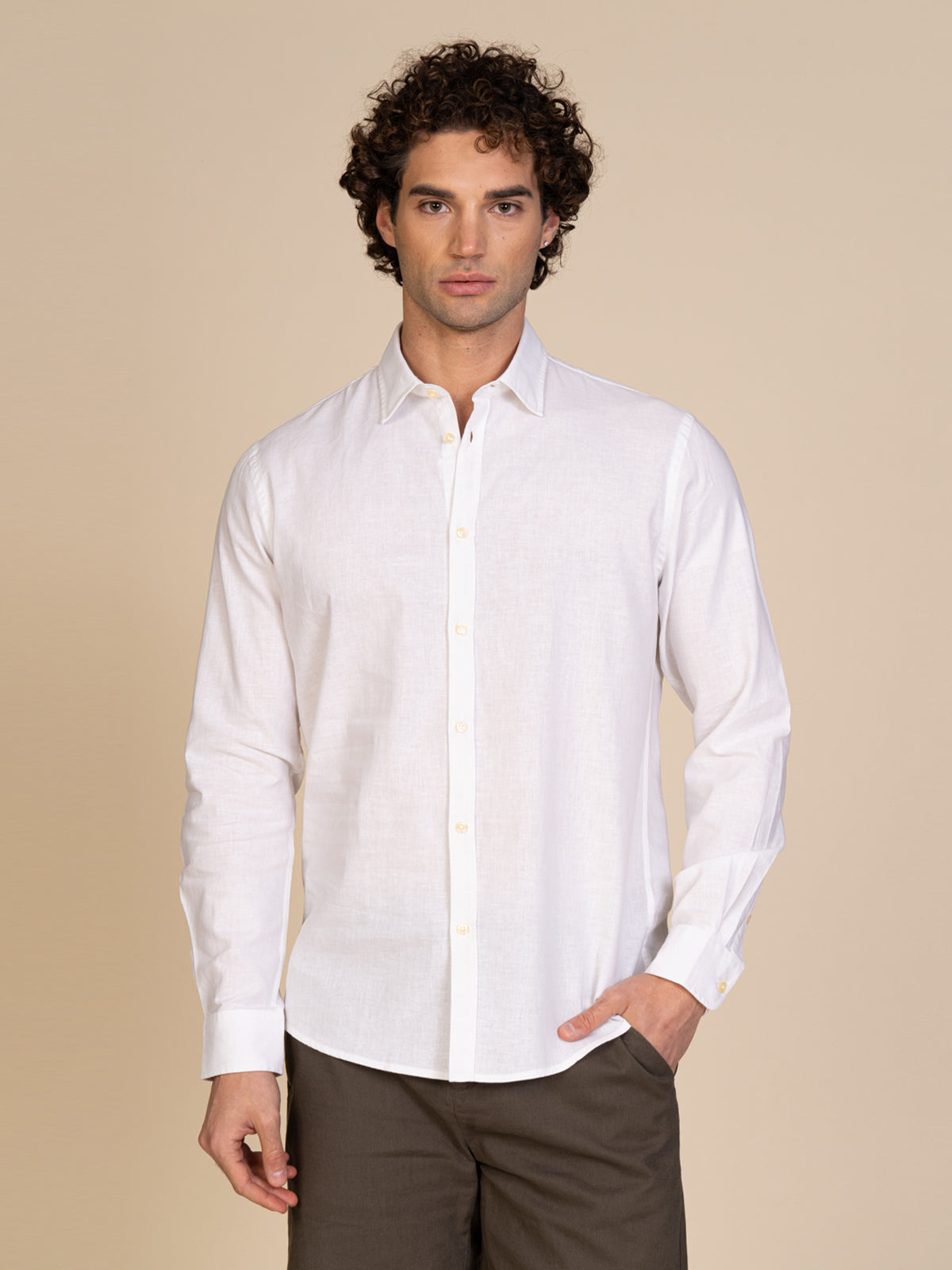 Camicia in lino collo francese|Colore:Bianco