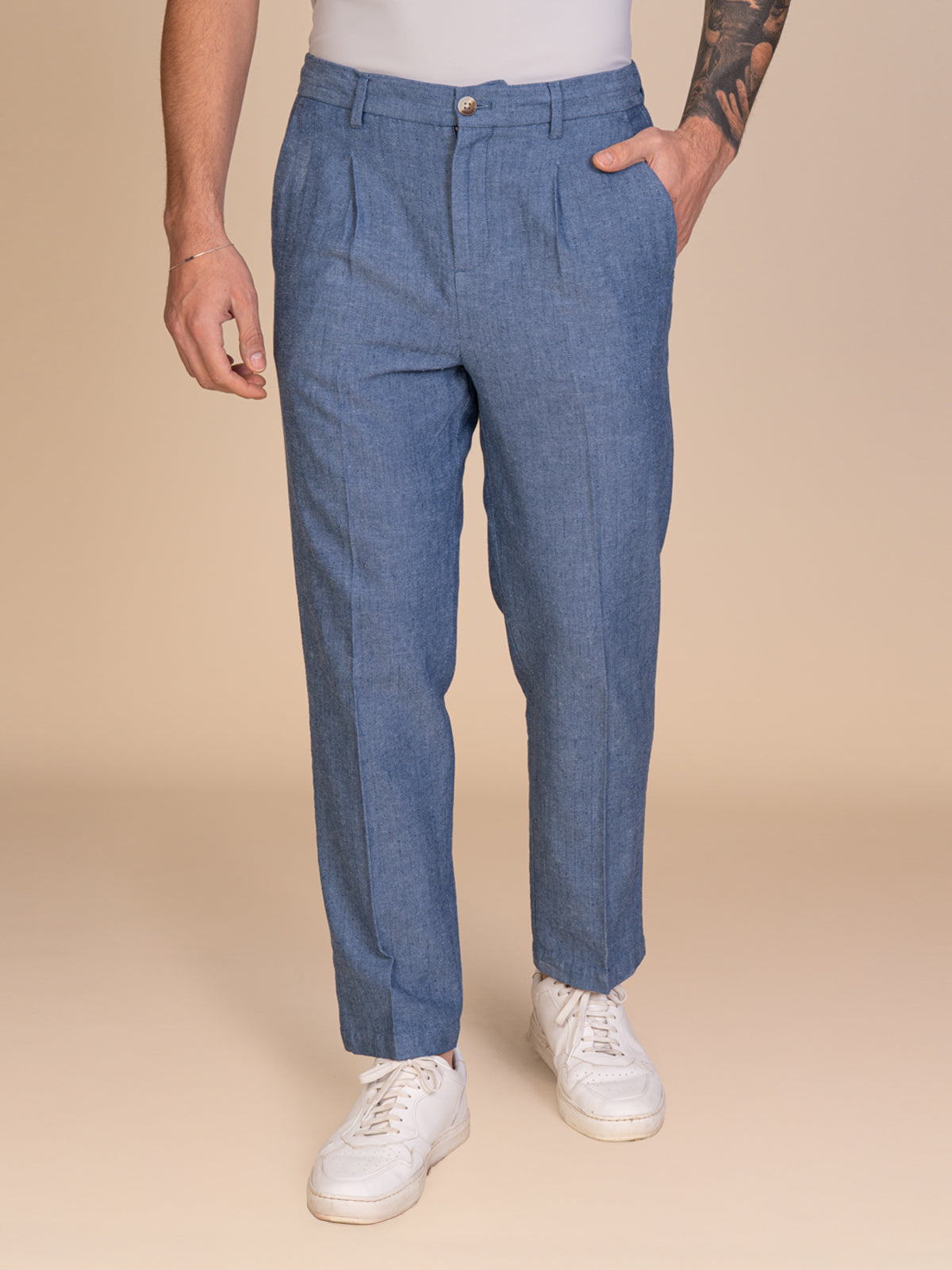 Pantaloni chino lino e cotone|Colore:Blu