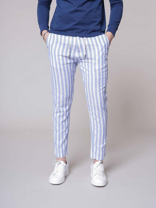 Pantaloni a righe con lacci|Colore:Azzurro