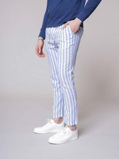 Pantaloni a righe con lacci|Colore:Azzurro